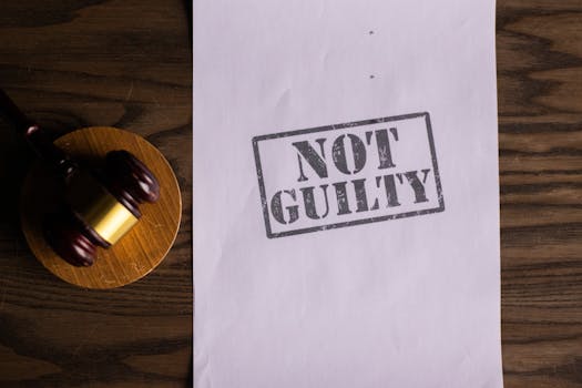 A courtroom document labeled 'Not Guilty' beside a gavel symbolizes justice.