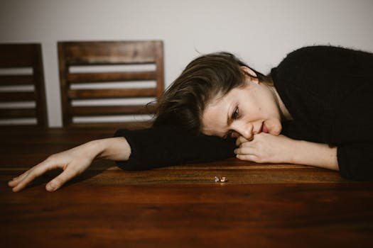 A woman lying on a wooden table, reflecting on a wedding ring, portraying emotions of sadness and contemplation.